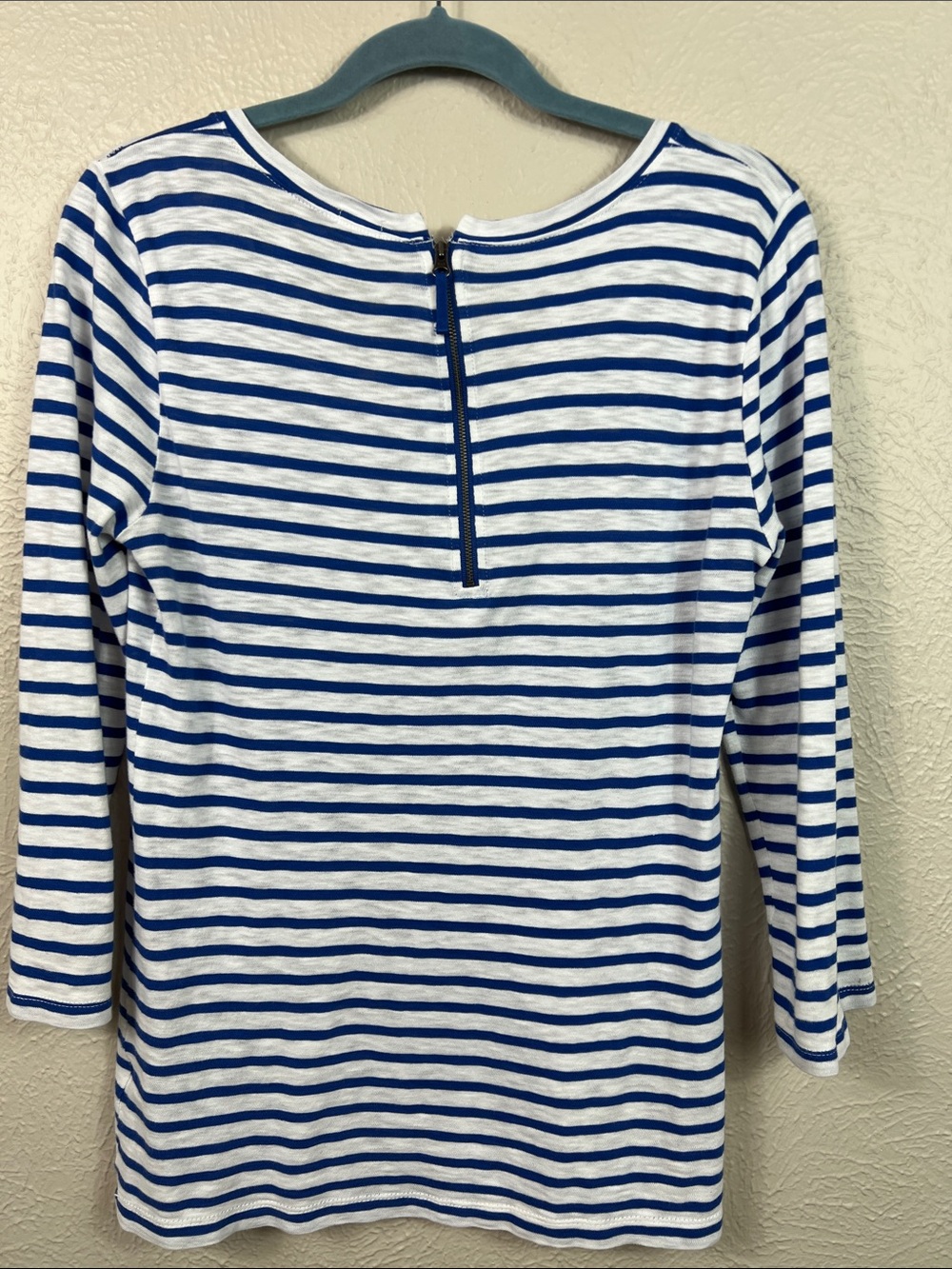 J. Crew Blue & White Stripe Back Zip 3/4 Sleeve Scoop Neck Top Medium - Picture 6 of 7
